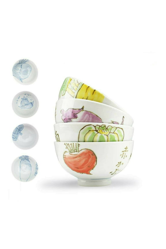 Set of 4, Japanese Porcelain Ceramic Two-sides Hand Painted Motifs Serving Bowls F15714