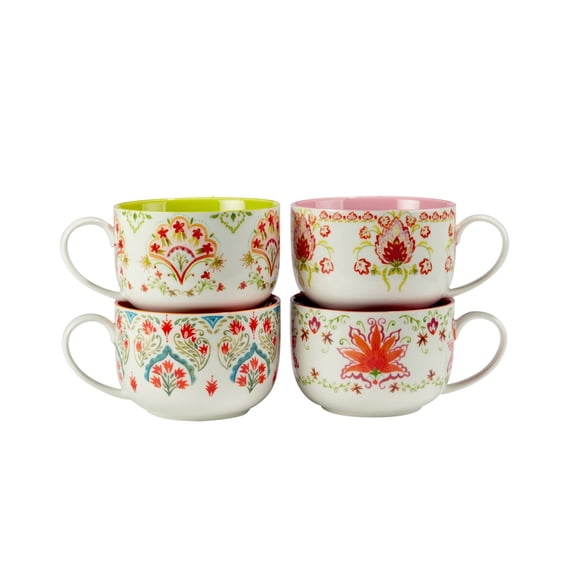 Set of 4 Jumbo Cups with Colorful Indian-Inspired Designs, 28 oz Capacity