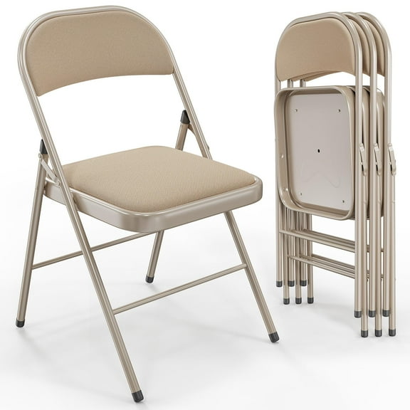 Set of 4 Khaki Folding Chairs, Cushioned Seat & Back, Robust Steel Structure, 350 lbs Load Capacity, Portable for Parties Meetings Rentals