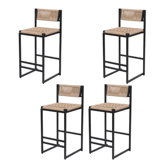 Set of 4 Kitchen Bar Stools with Footrest, Paper Rope Weave Dining Chairs Counter Height Barstool (Honey)