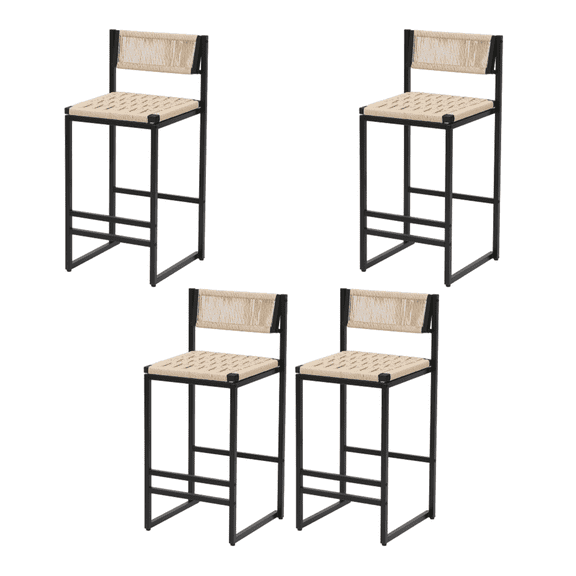 Set of 4 Kitchen Bar Stools with Footrest, Paper Rope Weave Dining Chairs Counter Height Barstool (White)