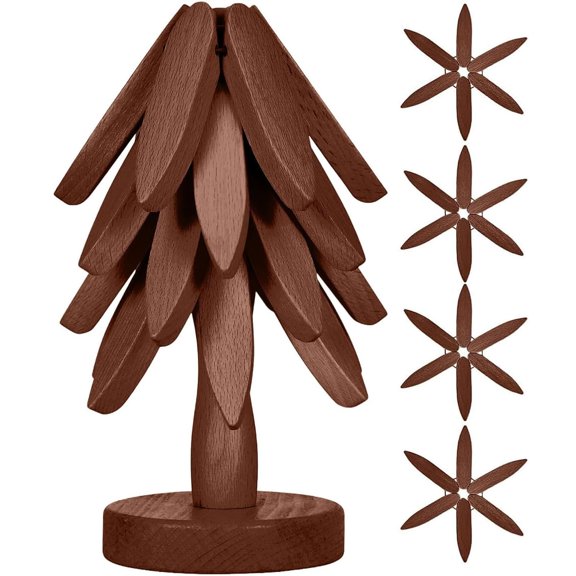 Set of 4 Kitchen Table Decor Foldable Wooden Trivets for Hot Pots and Pans,Tree Shape Trivets(Brown22*10cm)