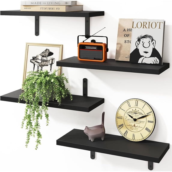 Set of 4 Kitchen Wall Shelf Rustic Wood Floating Shelves for Living Room Bathroom Bedroom, 16 Inch Black