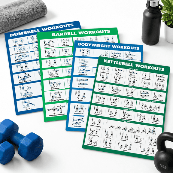 Set of 4 Laminated 18" x 24" Workout Charts for Dumbbell, Barbell, Bodyweight and Kettlebell Exercises