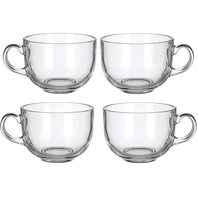 Set of 4 Large 16oz Glass Wide Mouth Coffee Mug Tea Cup with Handle