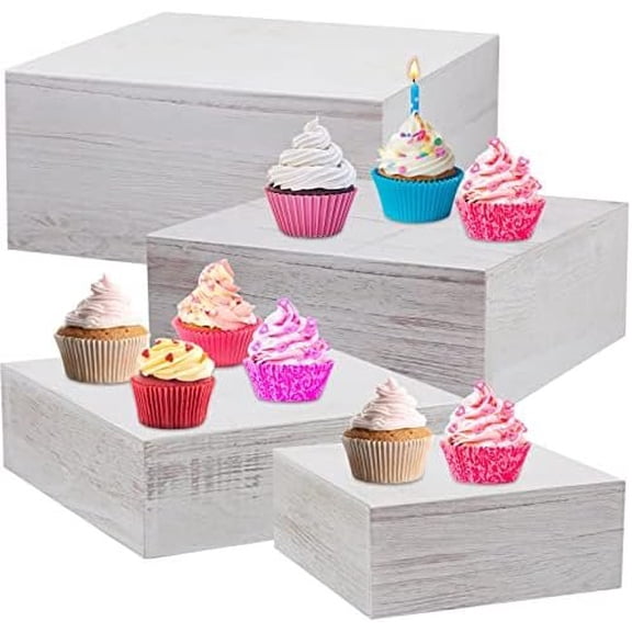 Set of 4 Large Display Risers Size 11.8",10",7.8",6.3",Rustic Cupcake Stand Cake Stands Wooden Display Risers for Table Dessert Wedding( White)