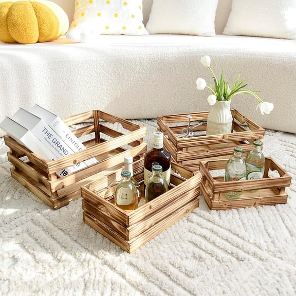 Set of 4 Large Torched Wood Decorative Storage Crates