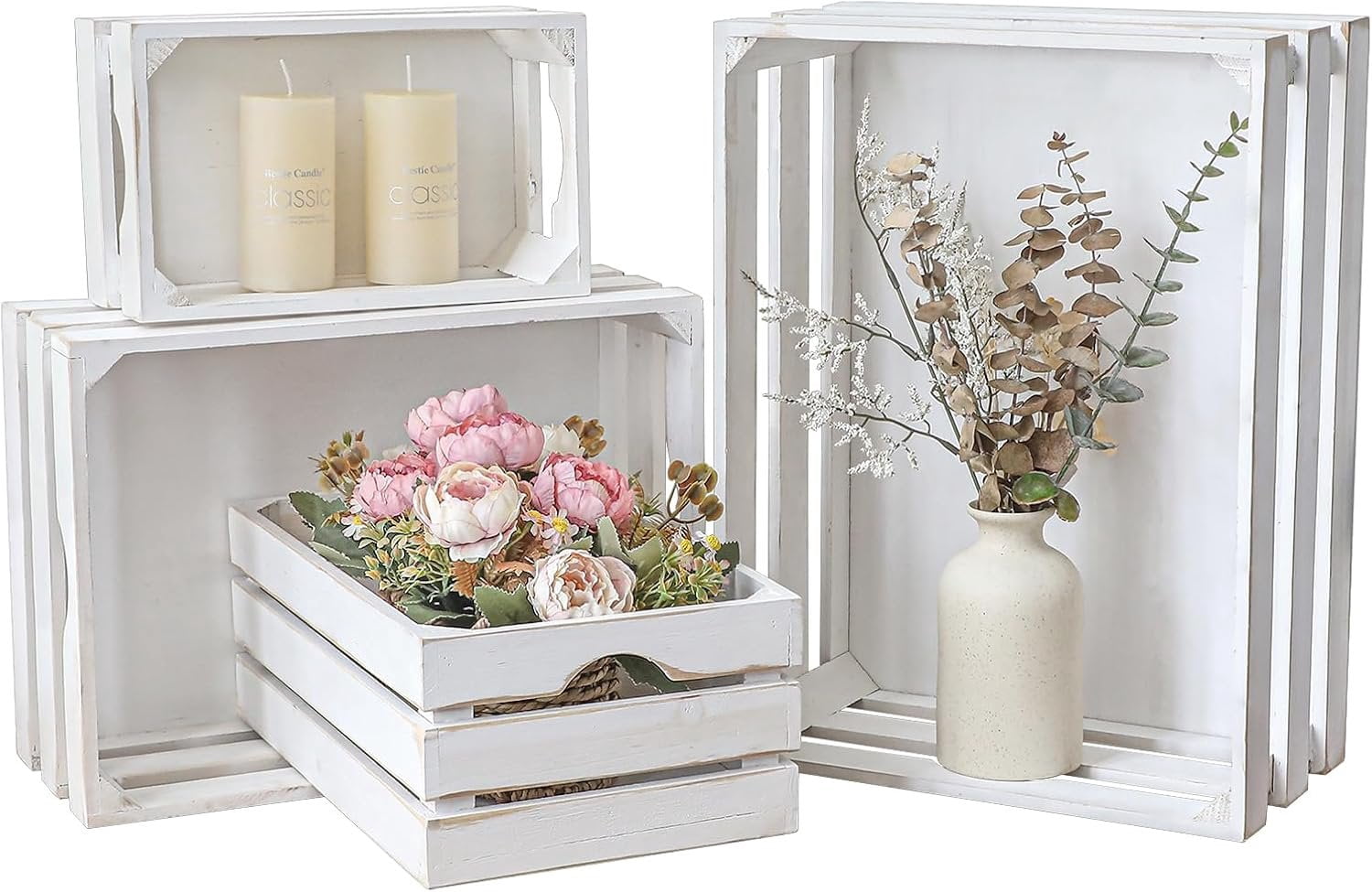 Set of 4 Large Wooden Decorative Storage Crates, Whitewashed Nesting ...