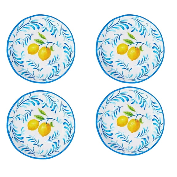 Set of 4 Lemon Melamine Salad Dessert Plates Dinnerware 9 inch Trimmed in Blue Real Living