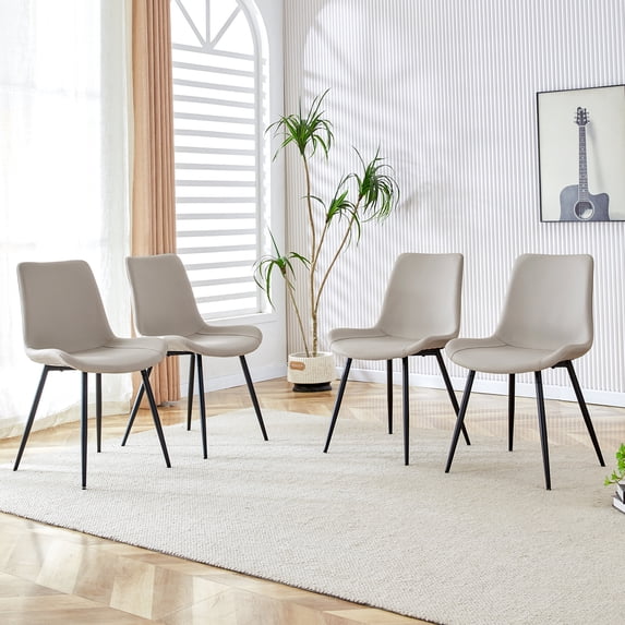 Set of 4 Light Gray Dining Chairs, Artificial Leather Backrest & Widened Cushion with Black Metal Legs