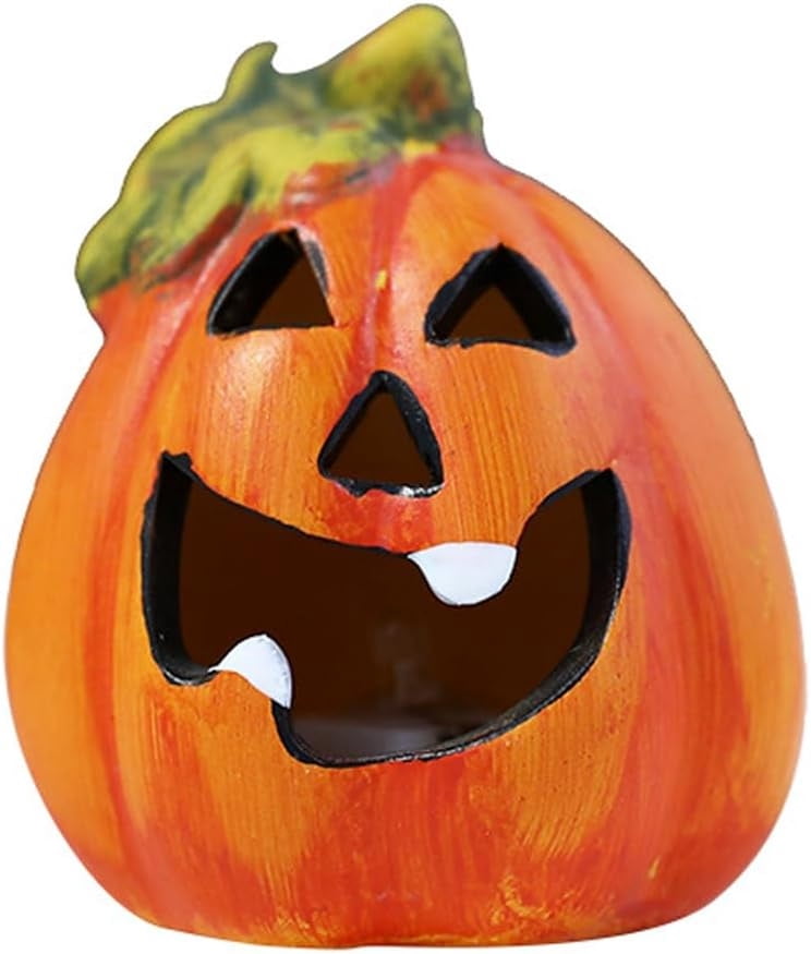 Set of 4 Light Up Ceramic Pumpkin Skull Figurines for Halloween Table Decor