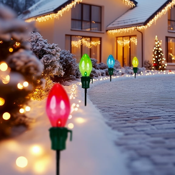 Set of 4 Lighted Multi-Color Jumbo C7 Bulb Christmas Pathway Marker Lawn Stakes