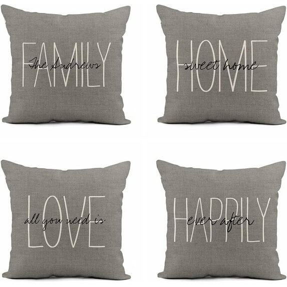Set of 4 Linen Throw Pillow Covers 16x16 Inch Rustic Gray Happily Home Love Family Home Decor Pillowcase Square Cushion Cover for Sofa Bed Couch