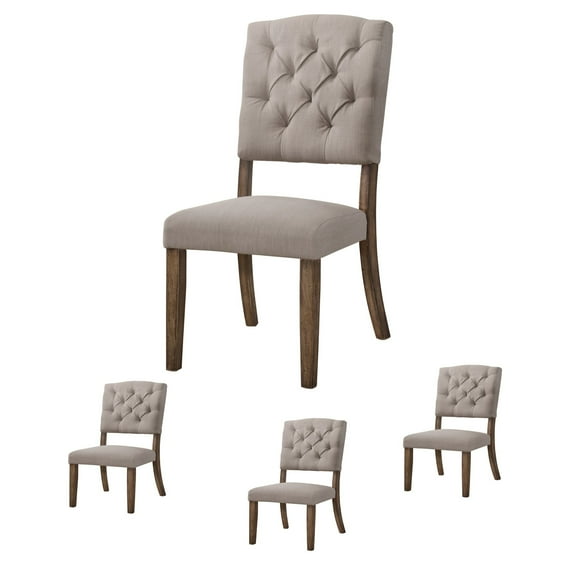 Set of 4 Linen & Weathered Finish Side Chair, Farmhouse Kitchen Dining Room Chair, Solid Wood Fabric Upholstered Seat Back Chairs (Beige)