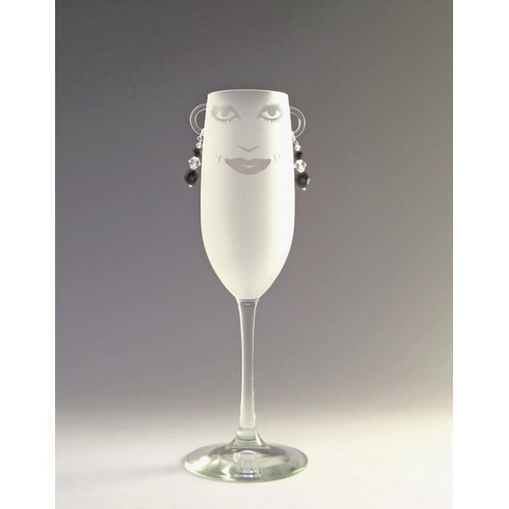 Set of 4 Lola Etched Champagne Flute Glasses with Ruby Earrings 8 ounces