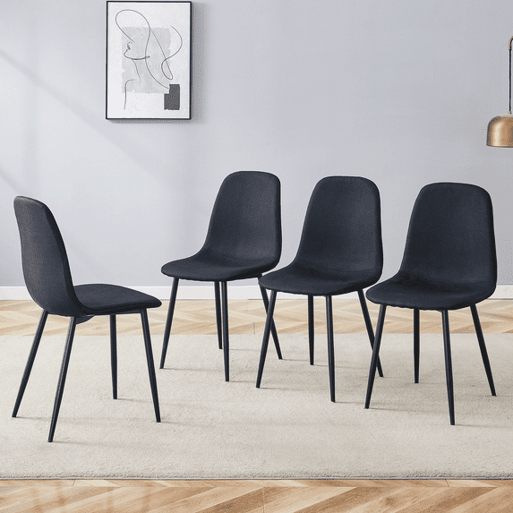 Set of 4 Luxury Simple Dining Chairs, Black Linen‑Cotton Upholstery, High‑Resilience Cushion, Black Integrated Metal Legs for Dining Room Home Decor
