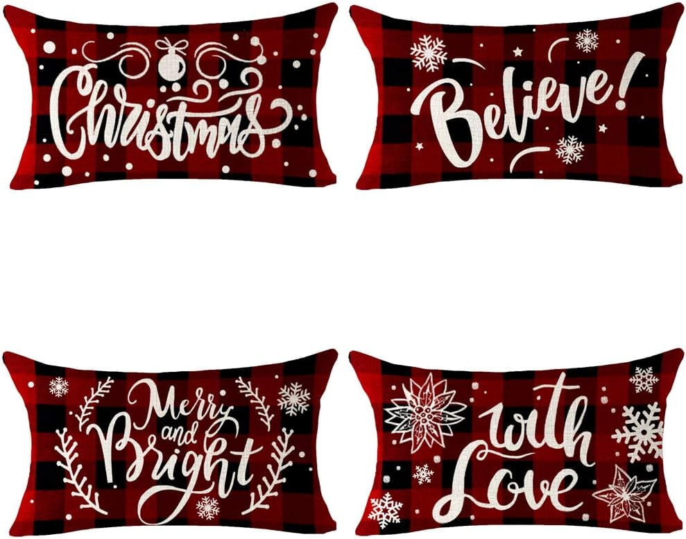 Set of 4 Merry Christmas Believe Merry and Bright with Love Plaid Snowflake Throw Pillow Cover Cushion Case Cotton Linen Decorative 12x20 inches