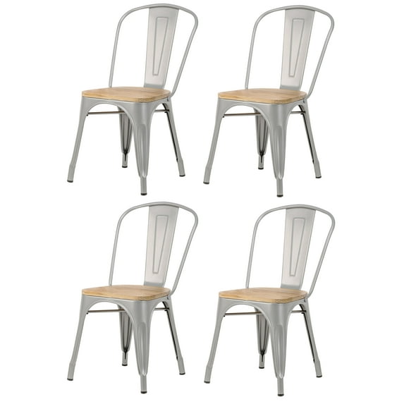 Set of 4 Metal and Gray Wood Dining Chairs Modern Design Style Dining Room