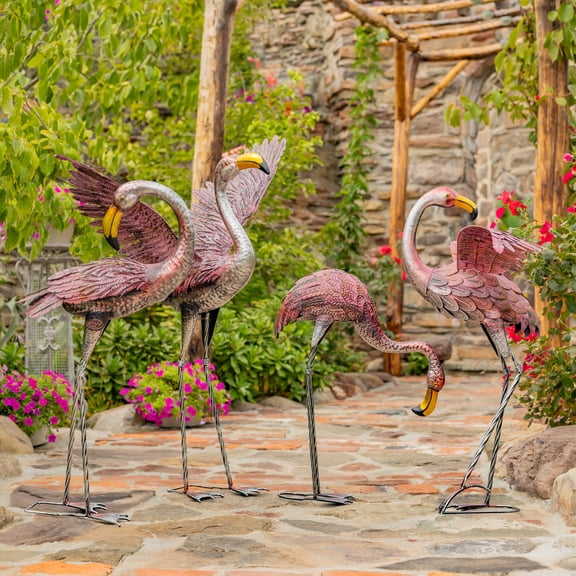 Set of 4 Metallic Pink Flamingo Garden Figurines in Assorted Styles