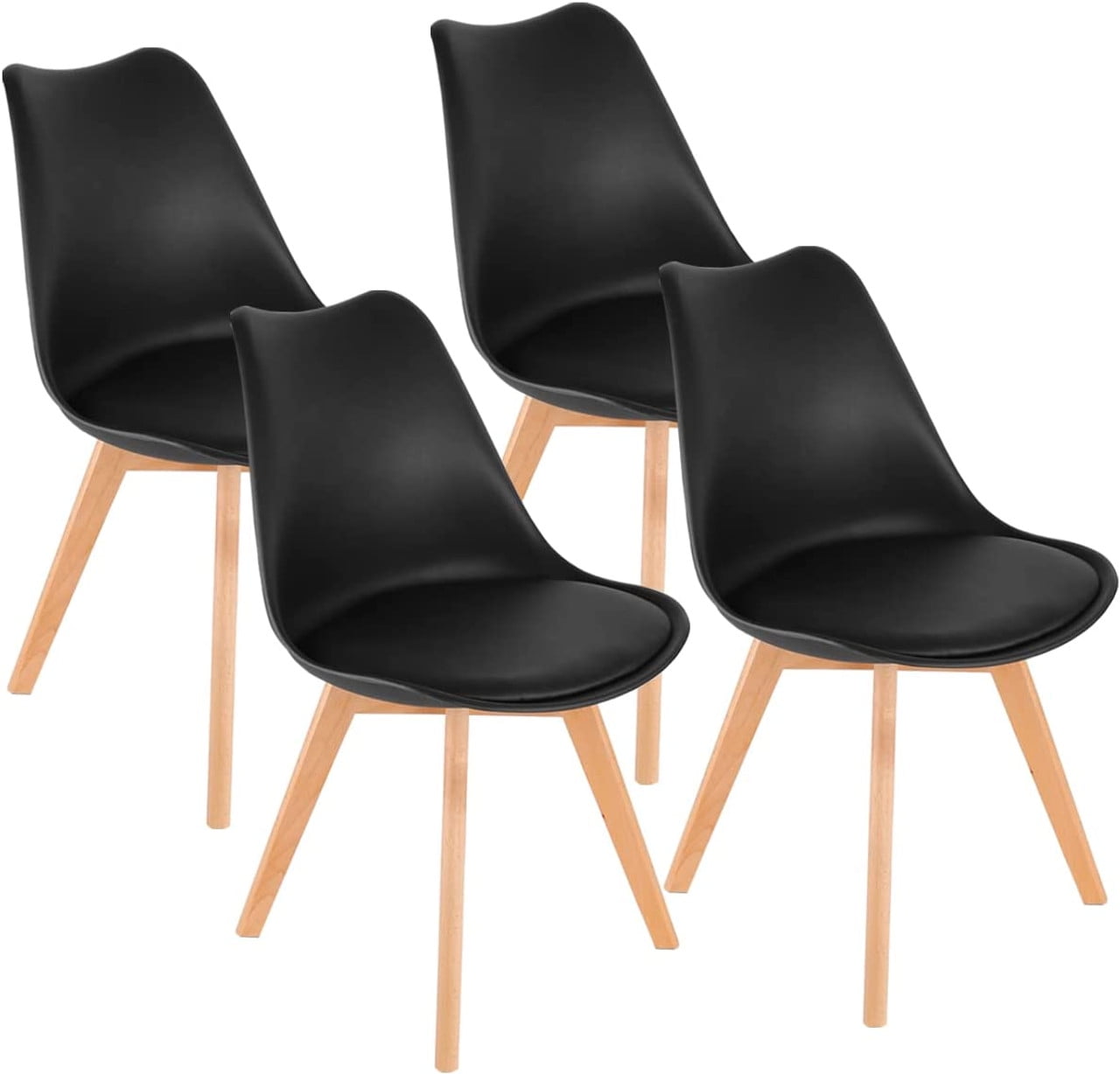 Set of 4 Black Upholstered Leather Side Chairs with Wood Legs