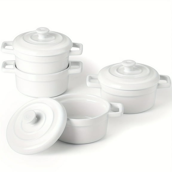 Set of 4 Mini Cocotte Ceramic Casserole Dishes, Lead Free, 12oz Small Baking Ramekins with Handles & Lid, Oven, Microwave & Dishwasher Safe, Red