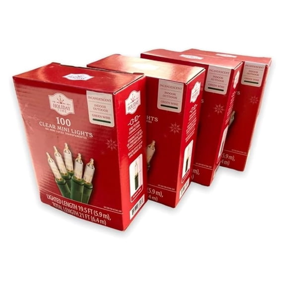 Set of 4 Mini Light Set, Clear Lights on Green Wire, 100 Count (Total 400 Count), Lighted Length is 19.5 feet Each Set.