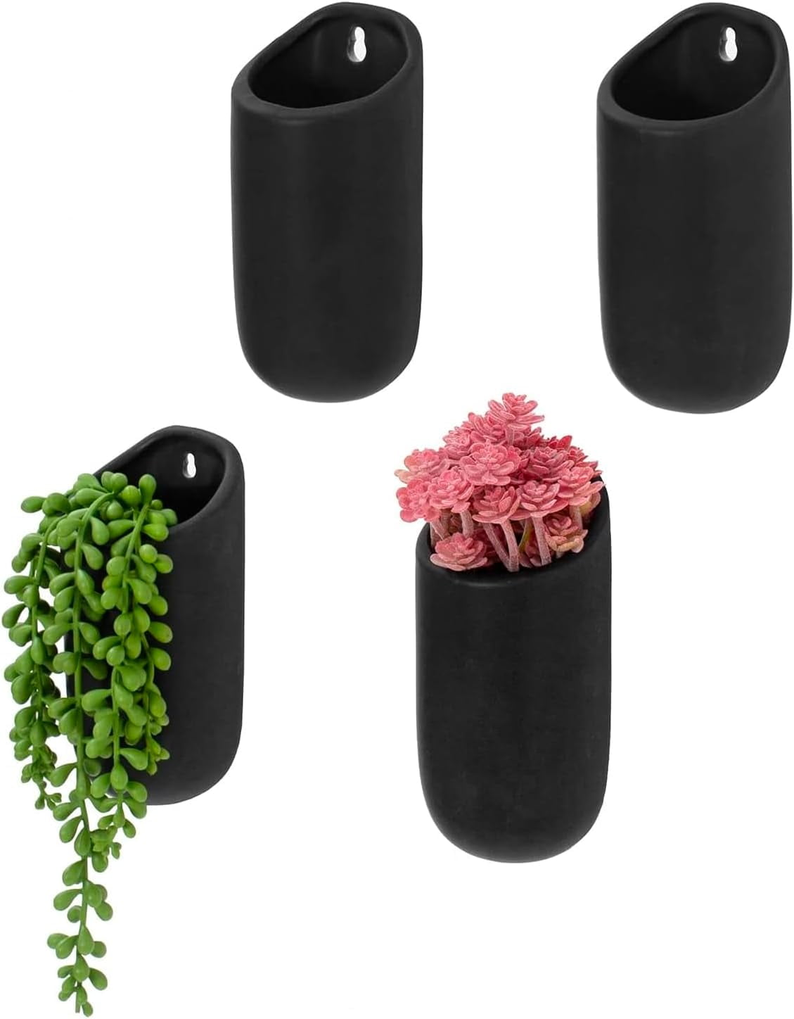 Set of 4 Mini Matte Black Ceramic Indoor Wall Planter, 6 Inch Cylindrical Wall Mounted Hanging Planter Pot for Succulents, Herbs, String of Pearls