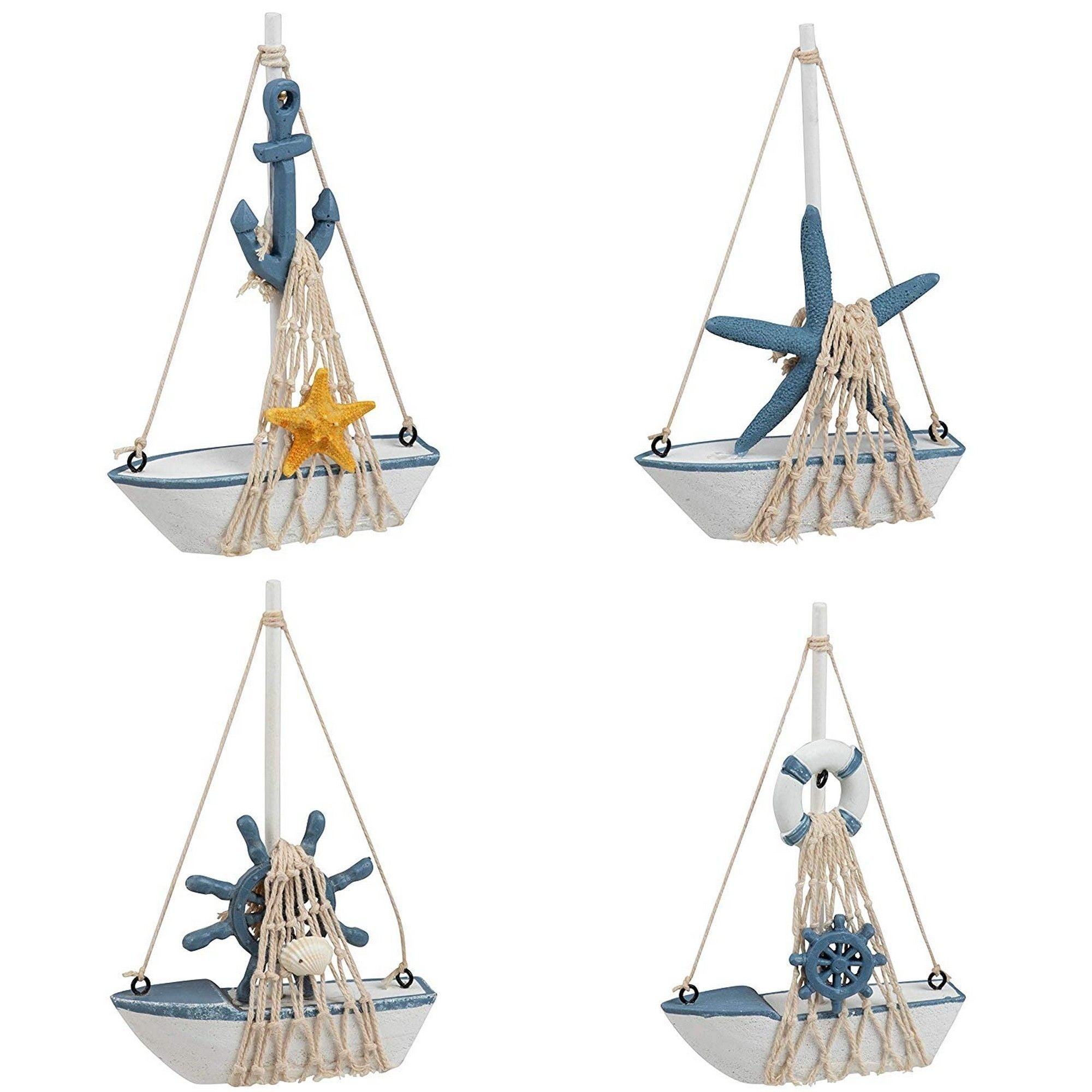 Set of 4 Mini Wooden Sailboat Models for Beach Nautical Home Decor