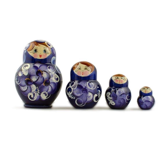 Set of 4 Miniature Wooden Nesting Dolls Matryoshka in Blue Dress  3 Inches