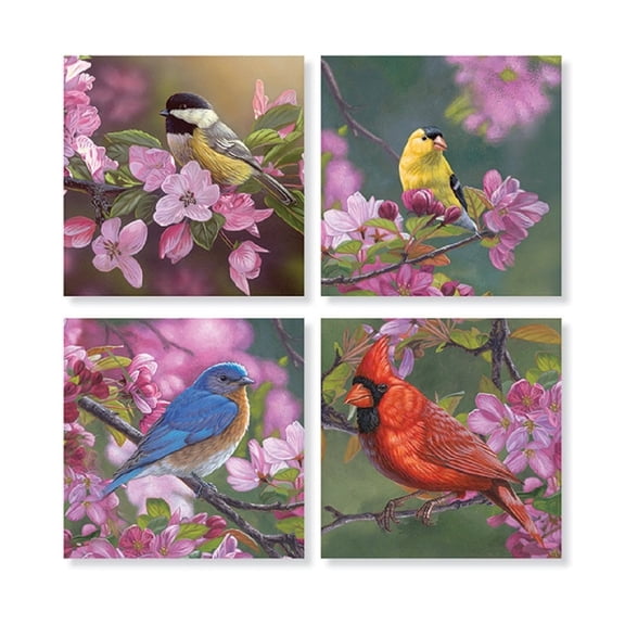 Carson Home Accents Set of 4 Square Stone Coasters – “Mixed Birds on Pink Flowers” Decorative Drink Protectors