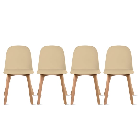 Set of 4 Modern Armless Dining Chair Set with Molded Plastic Seat Shell and Solid Wooden Legs, Beige