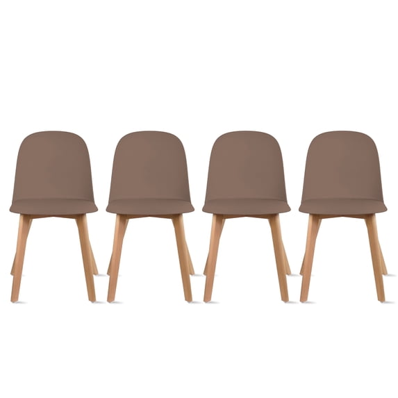 Set of 4 Modern Armless Dining Chair Set with Molded Plastic Seat Shell and Solid Wooden Legs, Brown