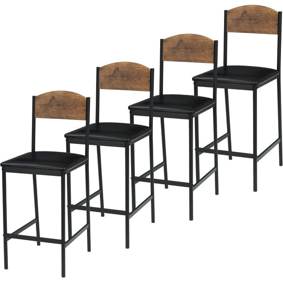 Shininglove Set of 4 Modern Bar Stools - PU Upholstered with Backrest and Footrest, Black/Brown
