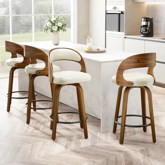 Set of 4 Modern Bar Stools with Curved Wood Back, Padded Faux Leather Seat, Counter Height Kitchen Island Chairs with Footrest,Beige