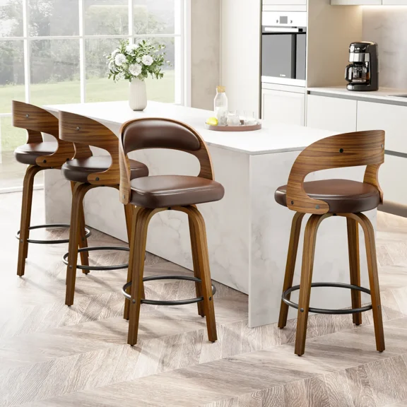 Set of 4 Modern Bar Stools with Curved Wood Back, Padded Faux Leather Seat, Counter Height Kitchen Island Chairs with Footrest,Brown