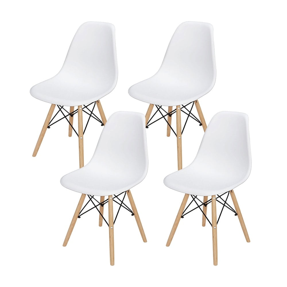 White Armless Dining Side Chairs with Beech Wood Legs (Set of 4)