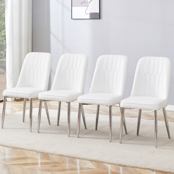 Set of 4 Modern Dining Chairs, White PU Backrest & Silver Metal Legs for Kitchen & Office
