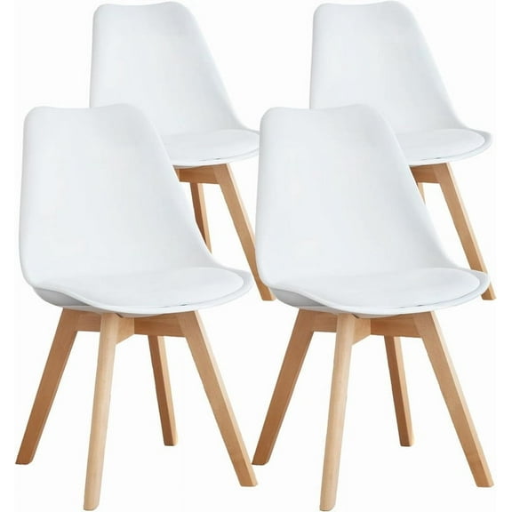Set of 4 Modern Dining Kitchen Chairs, PU Leather Cushion Chairs with Wooden Legs, Mid-Century Design for Home, Patio, Lounge Use, White