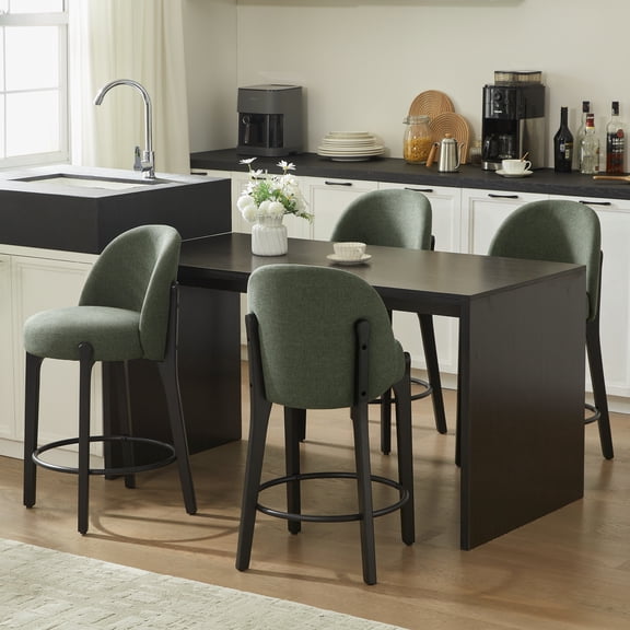 Set of 4 Modern Faux Linen Counter Stools, Ergonomic Bar Stools with Solid Wood Legs & Foot Ring for Kitchen Island Home Bar Cafe,Green