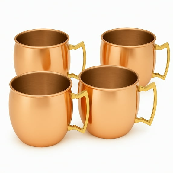 Modern Home Handmade 16oz Solid Copper Mule Mug – Barrel Shaped Mug with Brass Handle & Smooth Texture (Set of 4)