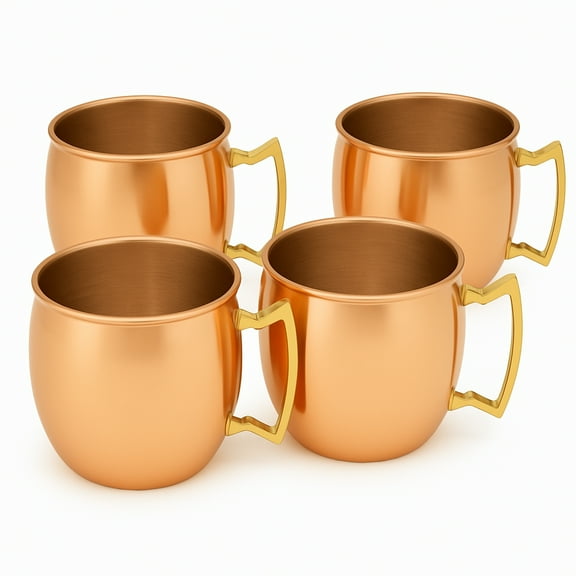 Modern Home Handmade 16oz Solid Copper Mule Mug Barrel Shaped Mug with Brass Handle & Smooth Texture (Set of 4)