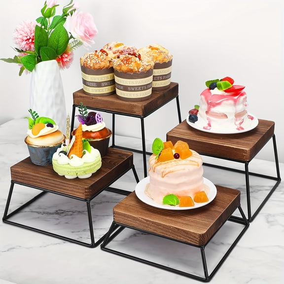 Set of 4 Modern Square Dessert Stands with Metal Wire Bases, Wooden Serving Platforms for Cupcakes, Cakes, Appetizers, and Party Displays