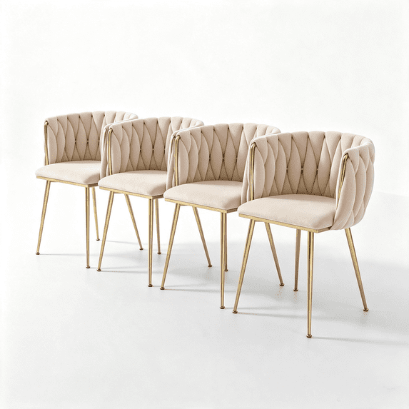 Set of 4 Modern Velvet Dining Chairs, Upholstered Woven Dining Chair with Golden Metal Legs for Dining Room, Kitchen, Vanity, Living Room(Beige)