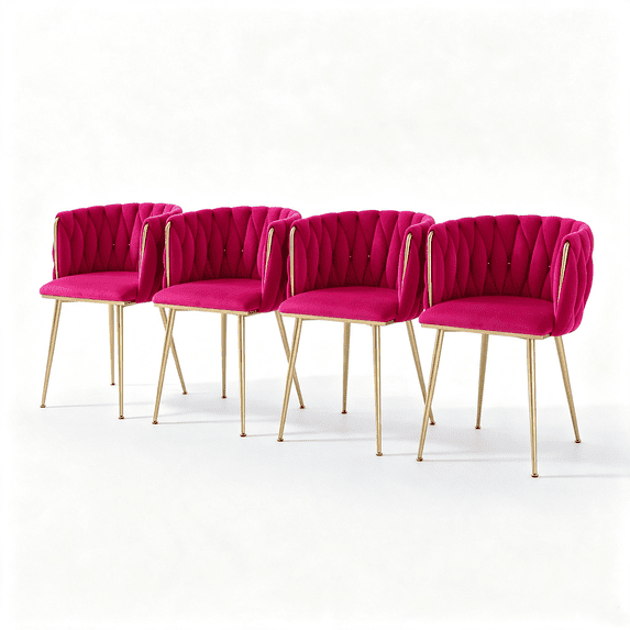 Set of 4 Modern Velvet Dining Chairs, Upholstered Woven Dining Chair with Golden Metal Legs for Dining Room, Kitchen, Vanity, Living Room (Rose)