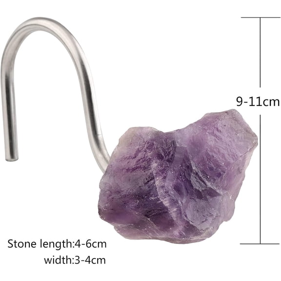 Set of 4 Natural Amethyst Crystal Shower Curtain Hooks, Decorative Raw Crystals Stainless Steel Curtain Rings for Bathroom Home Decor