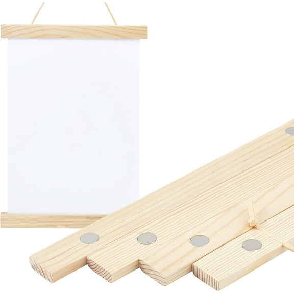 Set of 4 Natural Wood Magnetic Poster Frame 8 Inches Wide Pinewood Frame Hanger with Cloth Rope