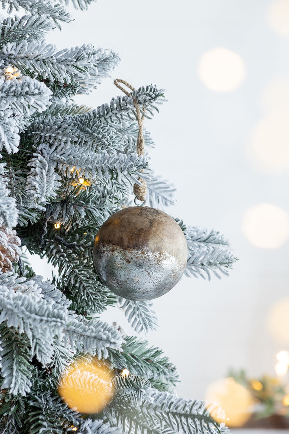 Set of 4 Natural Wood and Antiqued Silver Ball Ornaments Mango Wood Jute Hanger Tree Decor