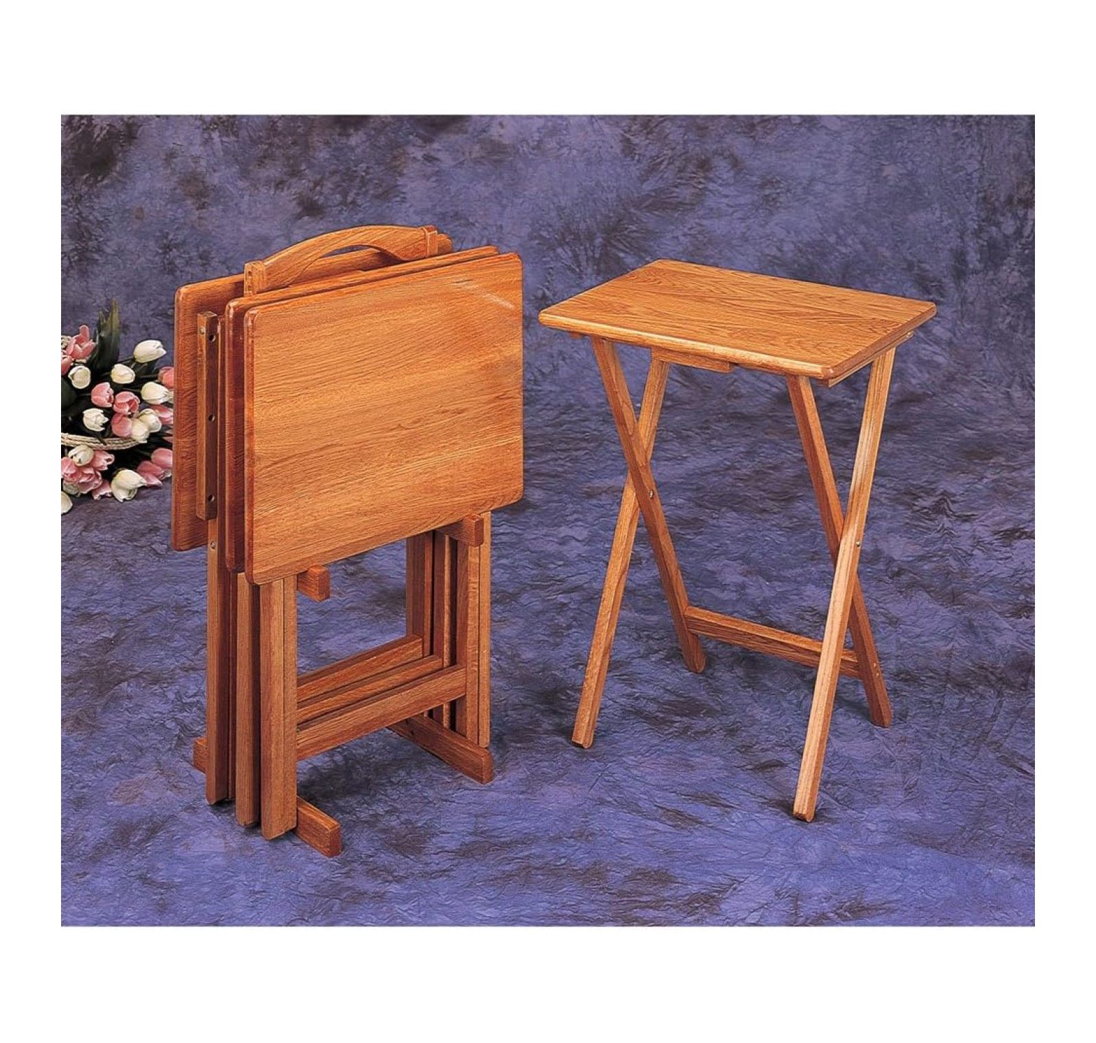 Set of 4 Oak Finish Solid Wood TV Dinner Tray Tables