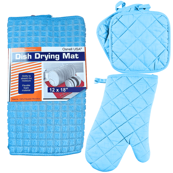 Set of 4 Oven Mitt, Pot Holders and Microfiber Dish Drying Mat Blue Teal by Osnell USA