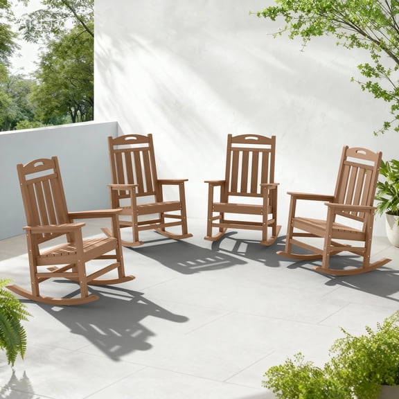 Set of 4 Oversized HDPE Outdoor Rocking Chairs, All Weather Patio Set, Teak